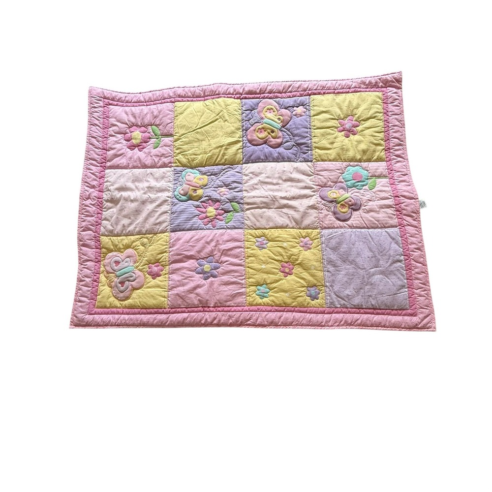 Cuddle Time Baby Quilt Pink Yellow Butterfly Flower Patchwork Blanket 42x32